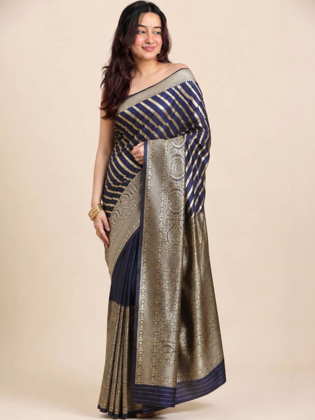 all about you Striped Zari Satin Banarasi Saree thumbnail 2