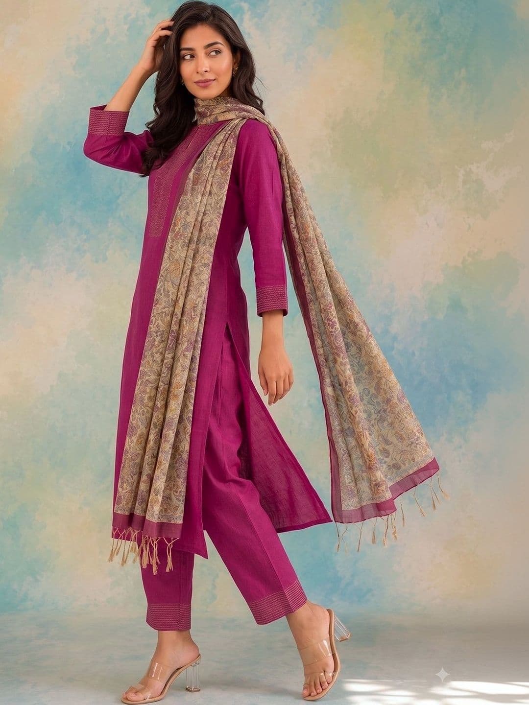 AADVIKA Women Yoke Design Regular Thread Work Kurta with Trousers & With Dupatta thumbnail 2