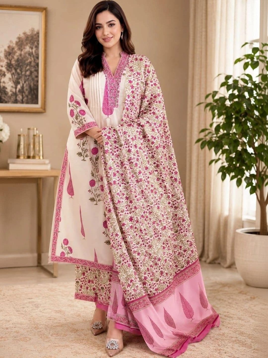 MARIONETTEFASHION Women Floral Printed Regular Pure Cotton Kurta with Trousers & With Dupatta - view 1