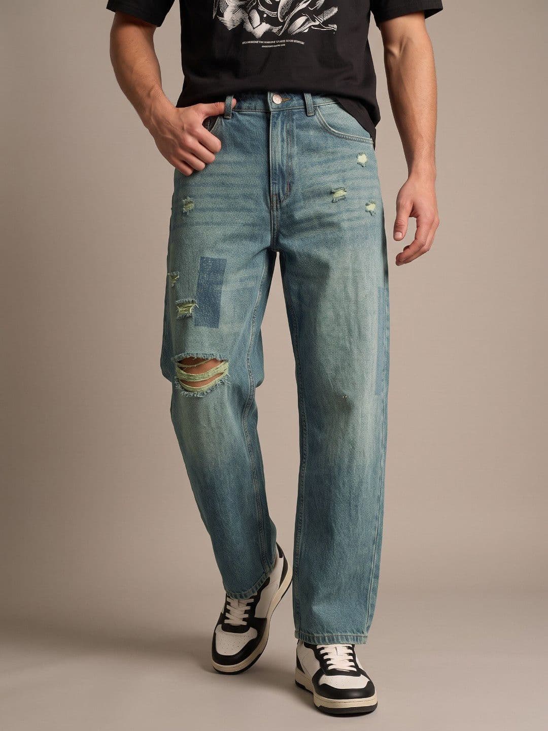 glitchez Men Barrel Fit Mildly Distressed Pure Cotton Heavy Fade Jeans - view 1
