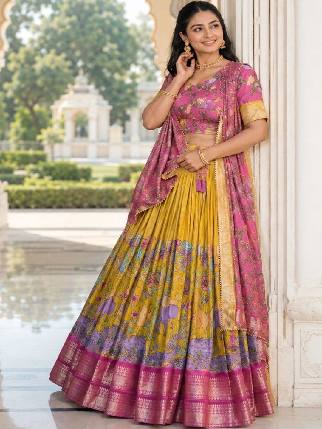 House of Pataudi Printed Semi-Stitched Lehenga & Unstitched Blouse With Dupatta thumbnail 2