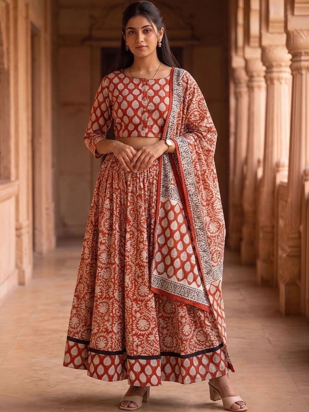 Avishya Printed Block Print Ready to Wear Lehenga & Blouse With Dupatta - view 1