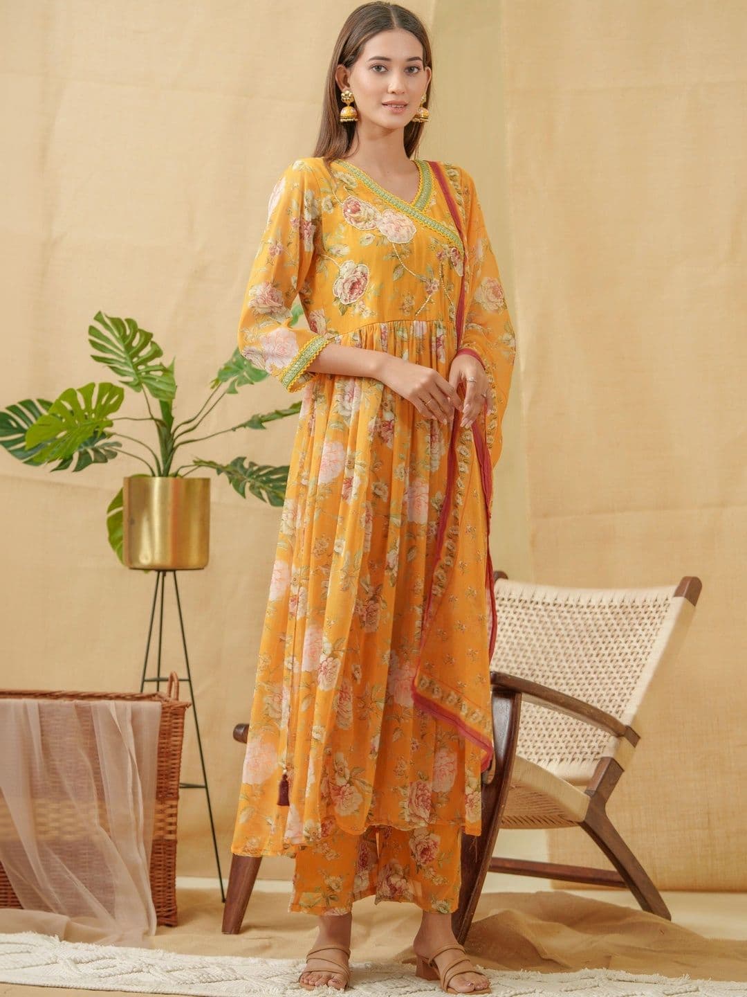 Sangria Women Floral Printed Empire Kurta with Palazzos & With Dupatta thumbnail 3