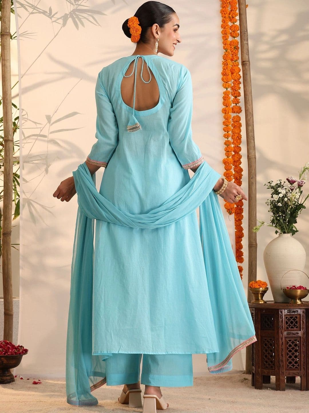 Khushal K Women Ethnic Motifs Embroidered Empire Thread Work Pure Cotton Kurta with Palazzos & With Dupatta thumbnail 3