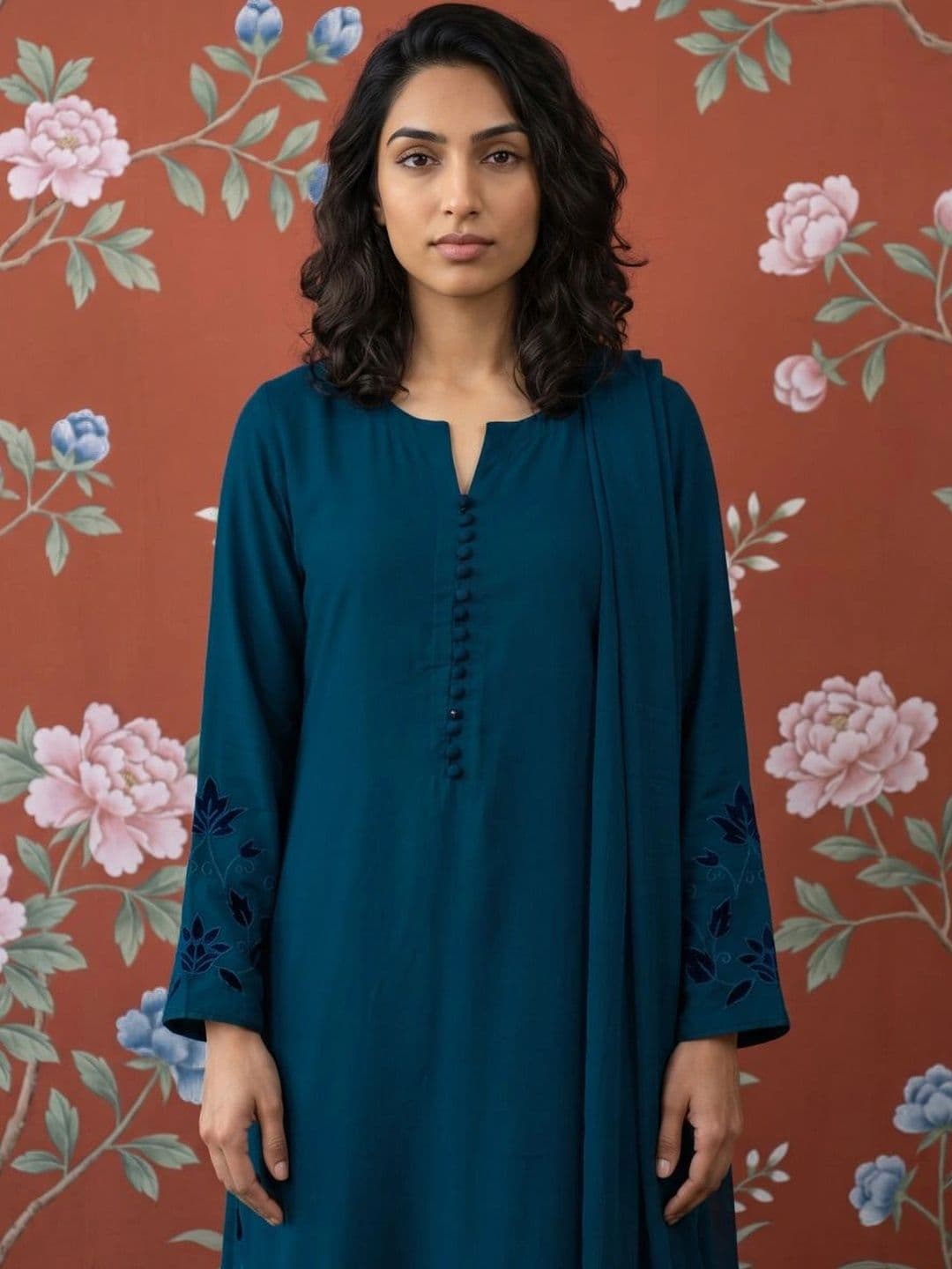 Sangria Women Floral Embroidered Regular Thread Work Kurta with Trousers & With Dupatta thumbnail 5