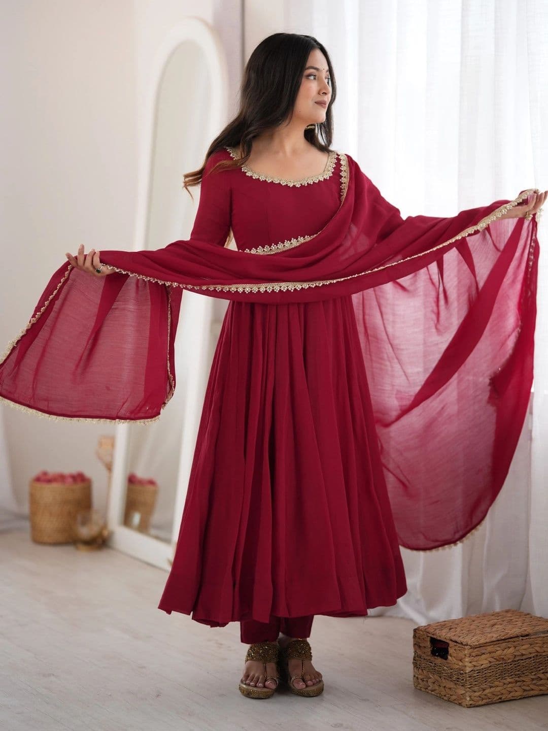 Sangria Women Empire Gotta Patti Chanderi Cotton Kurta with Trousers & With Dupatta - view 1