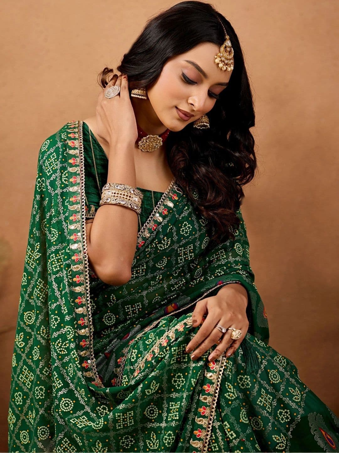 Nayanthara Trends Bandhani Zari Poly Georgette Designer Bandhani Saree thumbnail 5