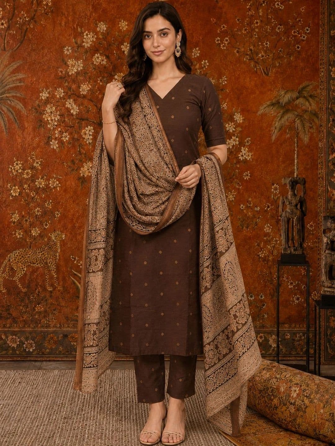 Sangria Women Ethnic Motifs Printed Regular Kurta with Trousers & With Dupatta thumbnail 3
