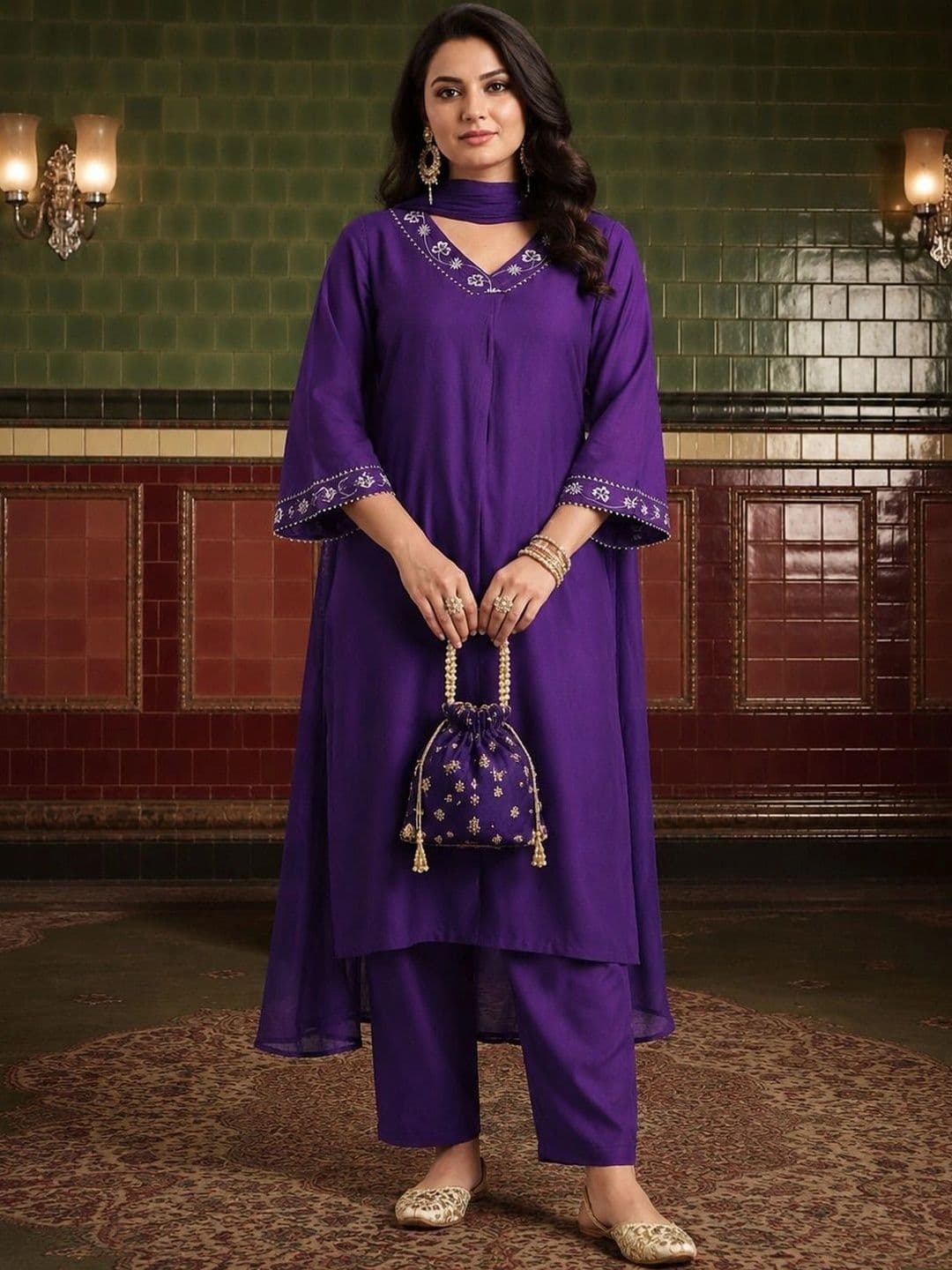 House of Pataudi Women Ethnic Motifs Embroidered Regular Thread Work Kurta with Trousers & With Dupatta - view 1