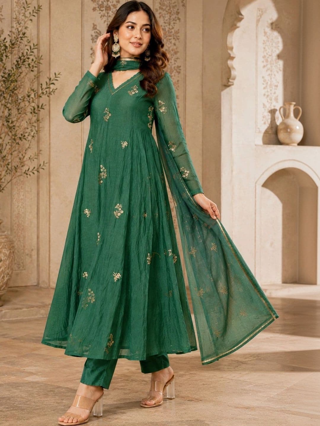Sangria Women Ethnic Motifs Embroidered Regular Chanderi Silk Kurta with Trousers & With Dupatta thumbnail 3