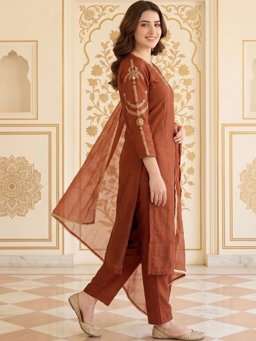 House of Pataudi Women Ethnic Motifs Embroidered Regular Thread Work Kurta with Trousers & With Dupatta thumbnail 6