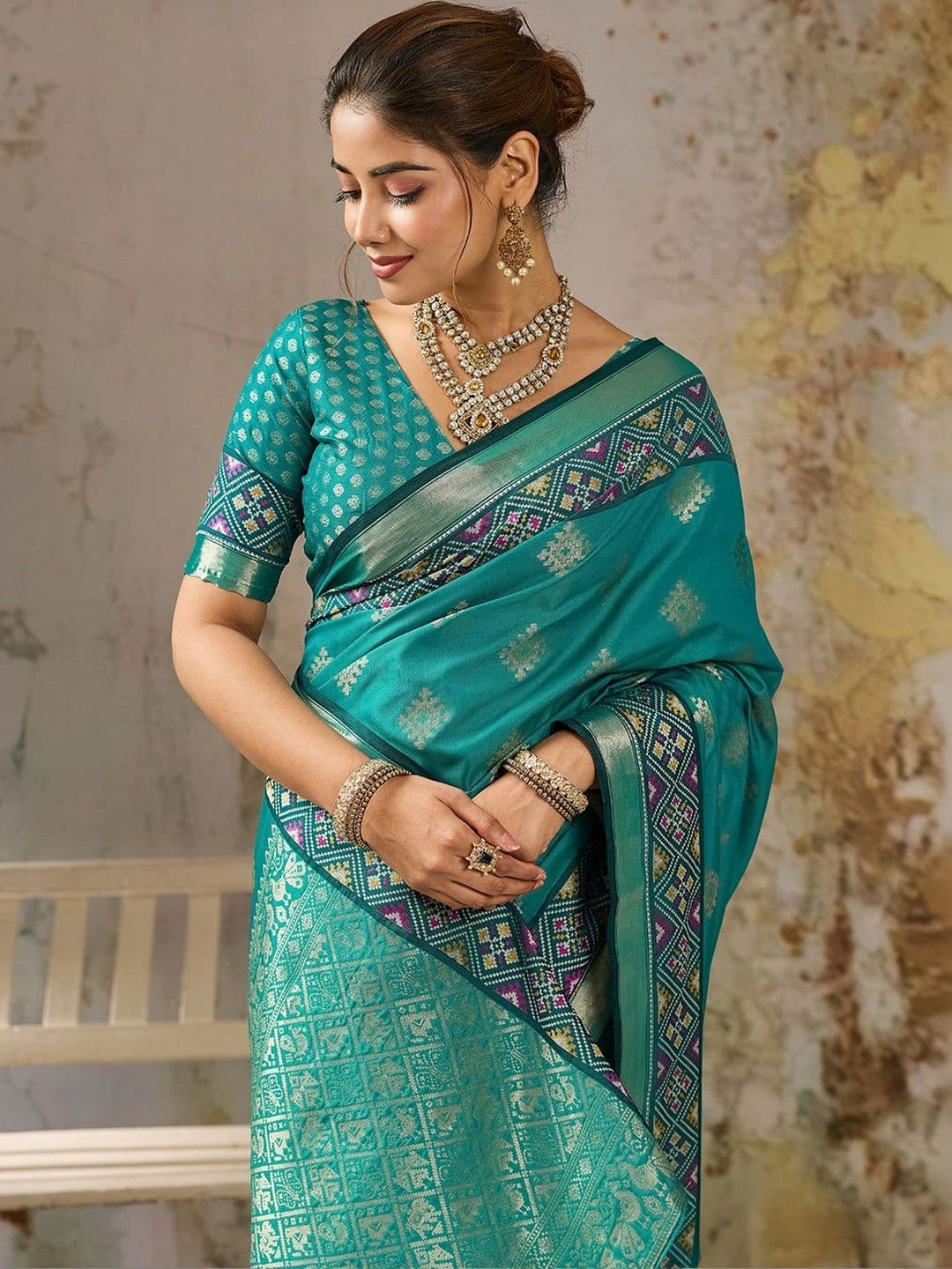 PBS PRINTS Embellished Zari Silk Blend Designer Patola Saree thumbnail 2