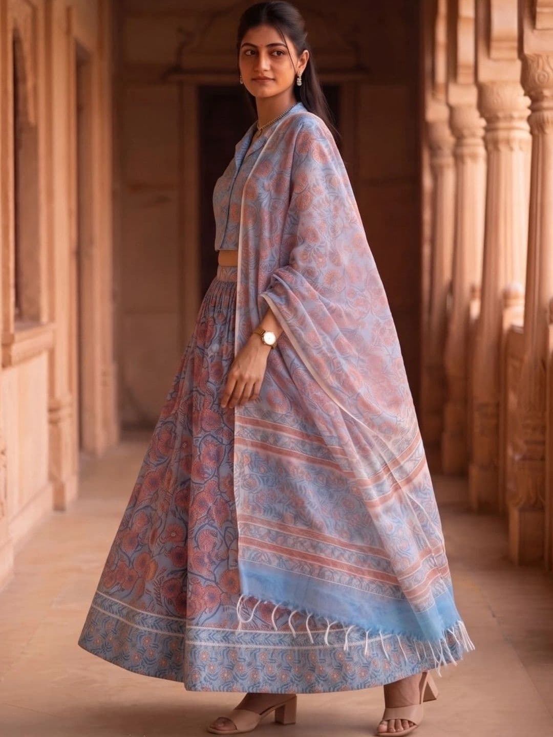 Avishya Printed Block Print Ready to Wear Lehenga & Blouse With Dupatta thumbnail 7