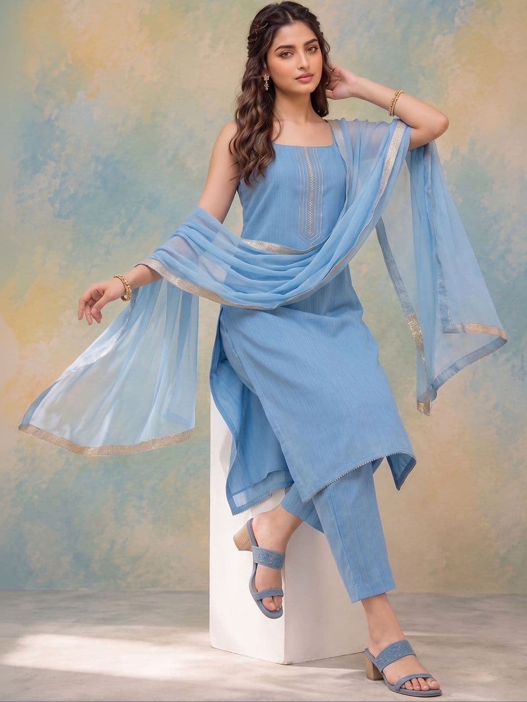 AADVIKA Scoop Neck Straight Kurta With Trousers & Dupatta thumbnail 6