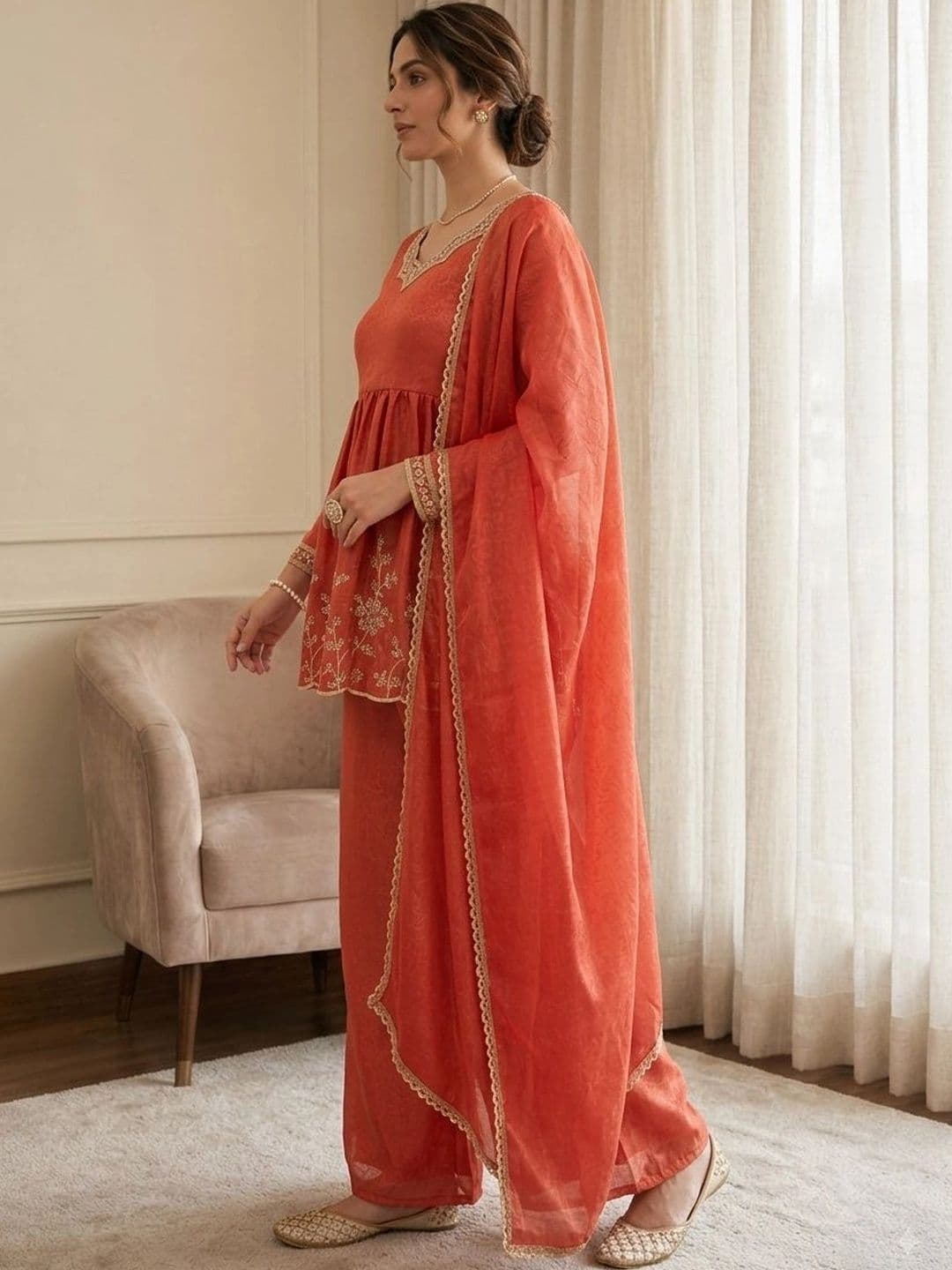 MOKOSH Women Ethnic Motifs Embroidered Empire Pure Silk Kurta with Palazzos & With Dupatta thumbnail 4