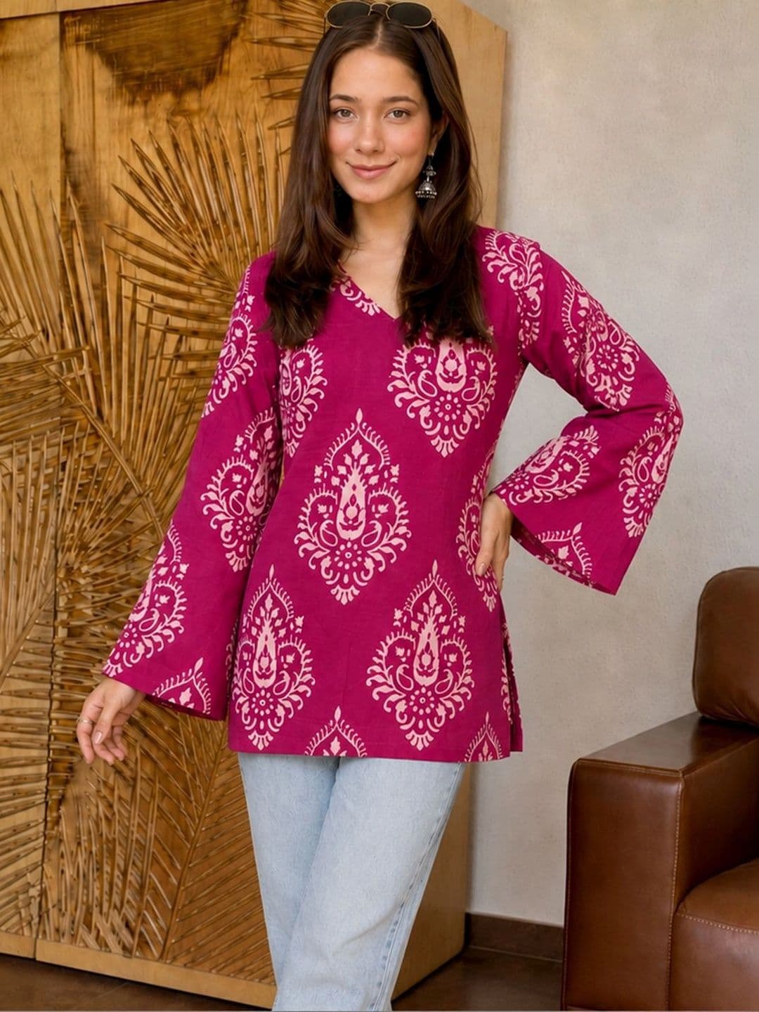 Sangria Ethnic Motifs Printed V-Neck Flared Sleeves Kurti - view 1
