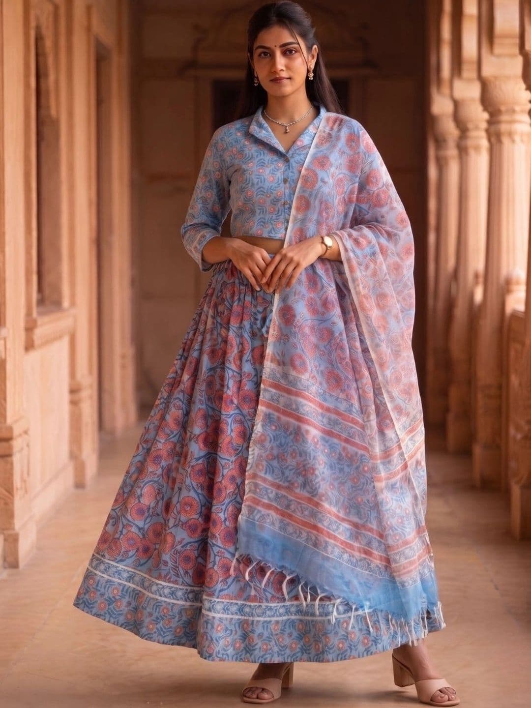 Avishya Printed Block Print Ready to Wear Lehenga & Blouse With Dupatta - view 1