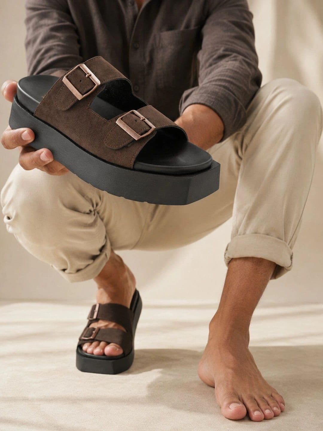 San Frissco Men Brown Suede Double Buckle Sandals with Cushioned Footbed & Chunky Sole - view 1