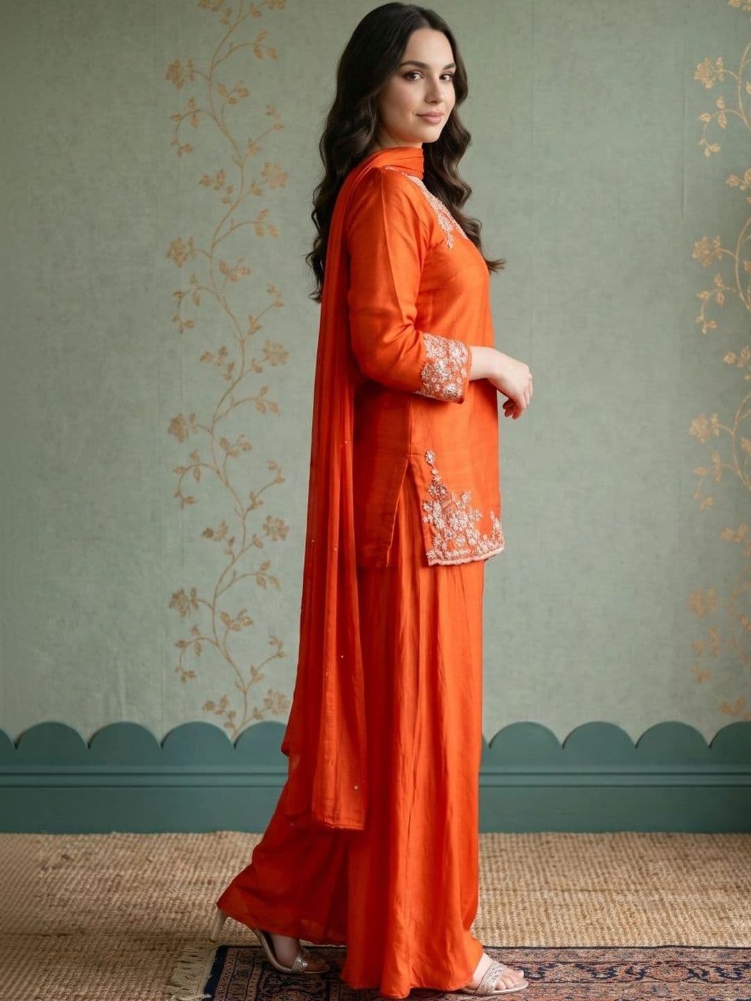 Sangria Women Ethnic Motifs Embroidered Regular Thread Work Kurta with Palazzos & With Dupatta thumbnail 5