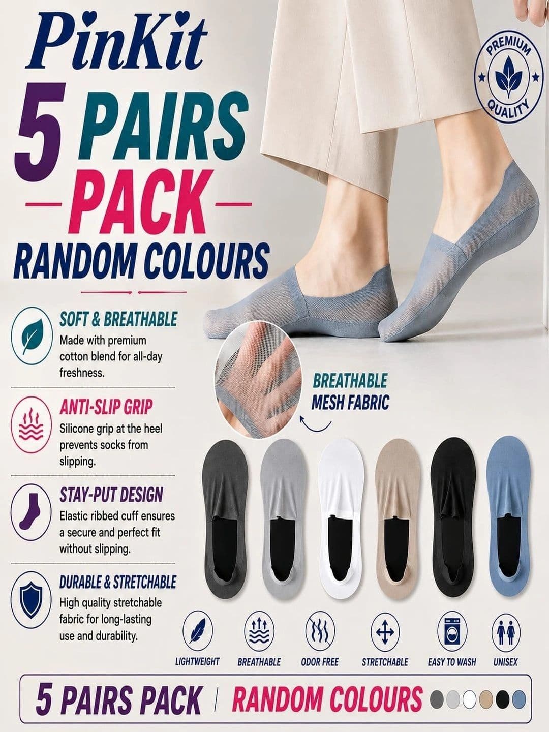 PinKit Men Pack of 5 Assorted Shoe Liners Socks thumbnail 2