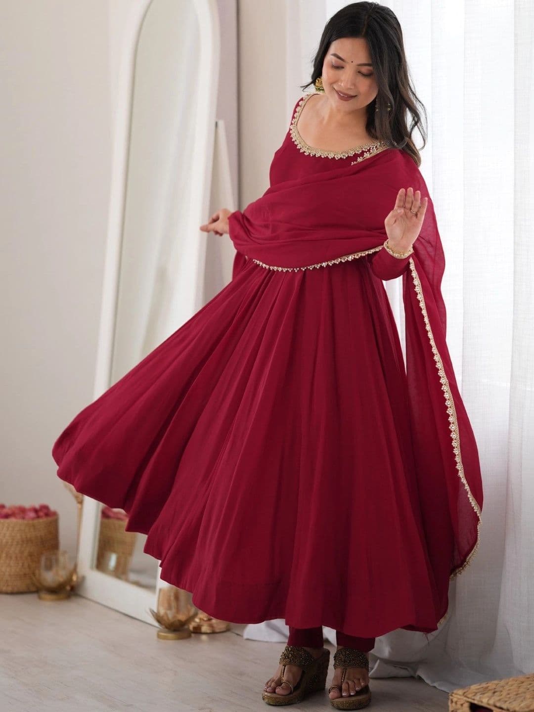 Sangria Women Empire Gotta Patti Chanderi Cotton Kurta with Trousers & With Dupatta thumbnail 4