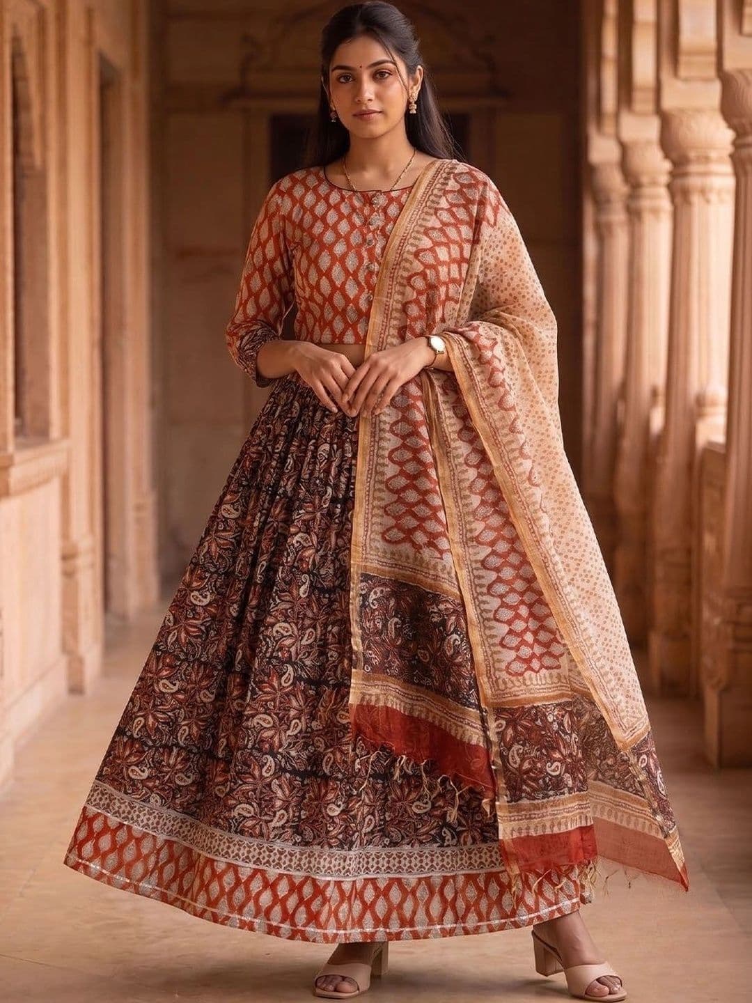 Avishya Printed Block Print Ready to Wear Lehenga & Blouse With Dupatta - view 1