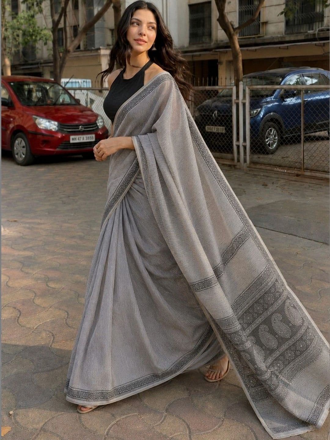 AARYAN SAREES White Striped Pure Linen Saree thumbnail 6