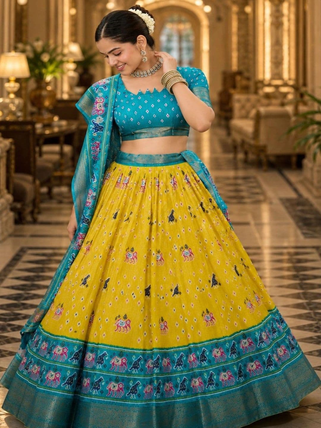 House of Pataudi Ikat Semi-Stitched Lehenga & Unstitched Blouse With Dupatta - view 1