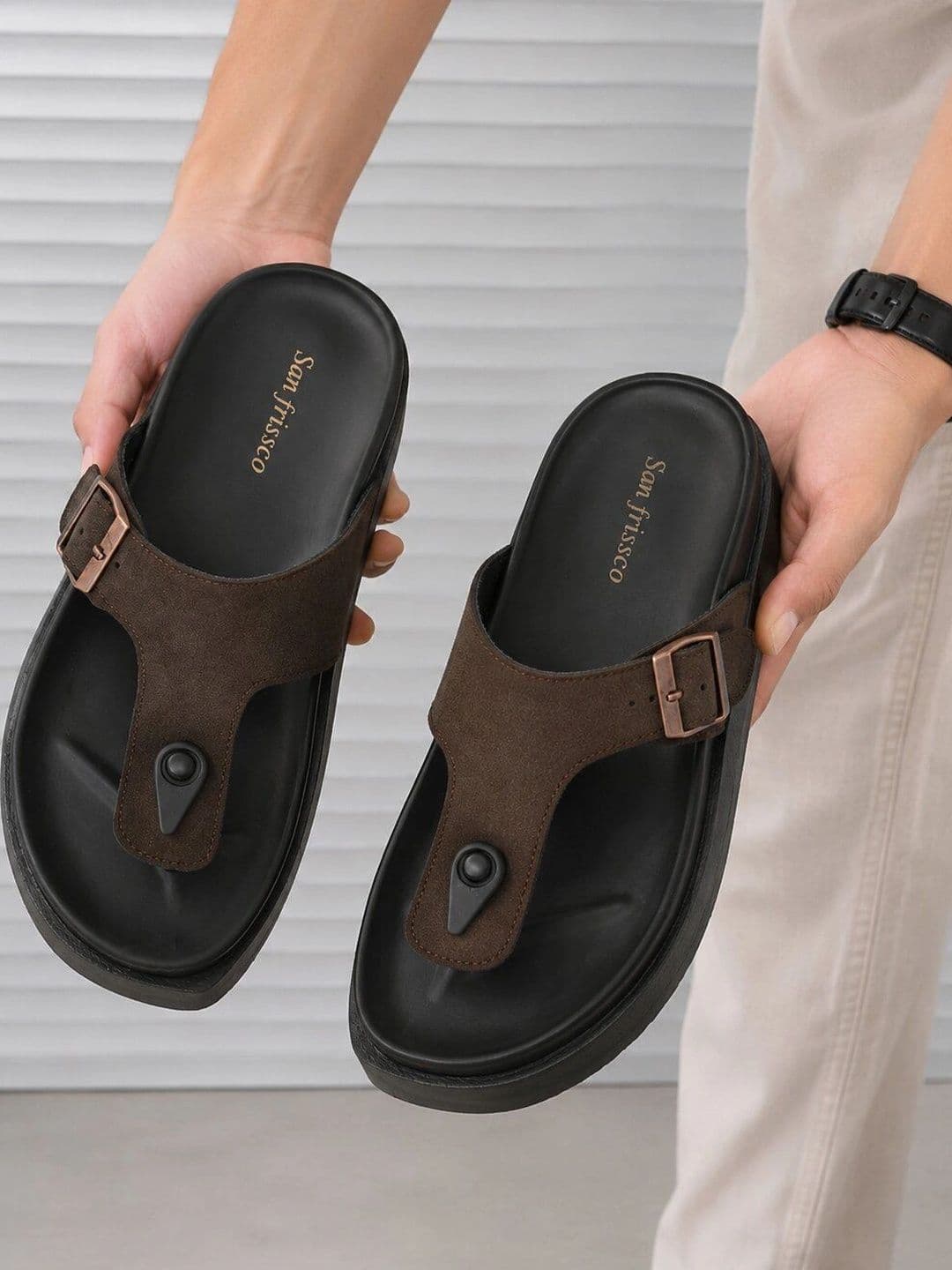 San Frissco Men Suede Brown Buckle Toe-Loop Sandals with Cushioned Footbed Slip-On - view 1