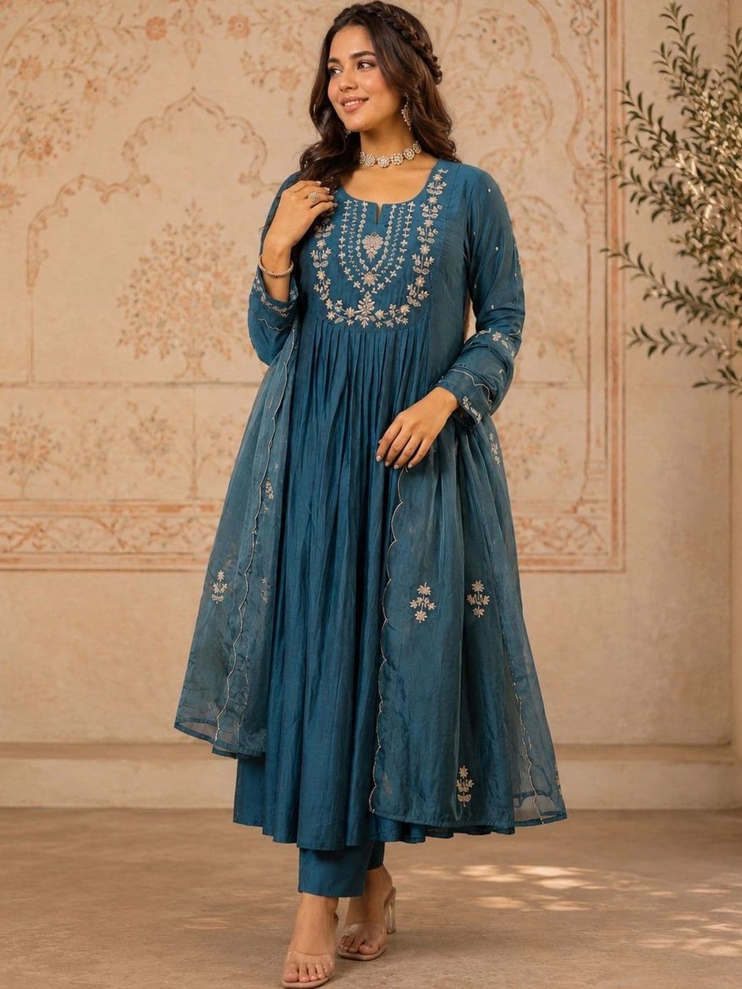 Sangria Women Ethnic Motifs Embroidered Empire Thread Work Chanderi Silk Kurta with Trousers & With Dupatta - view 1