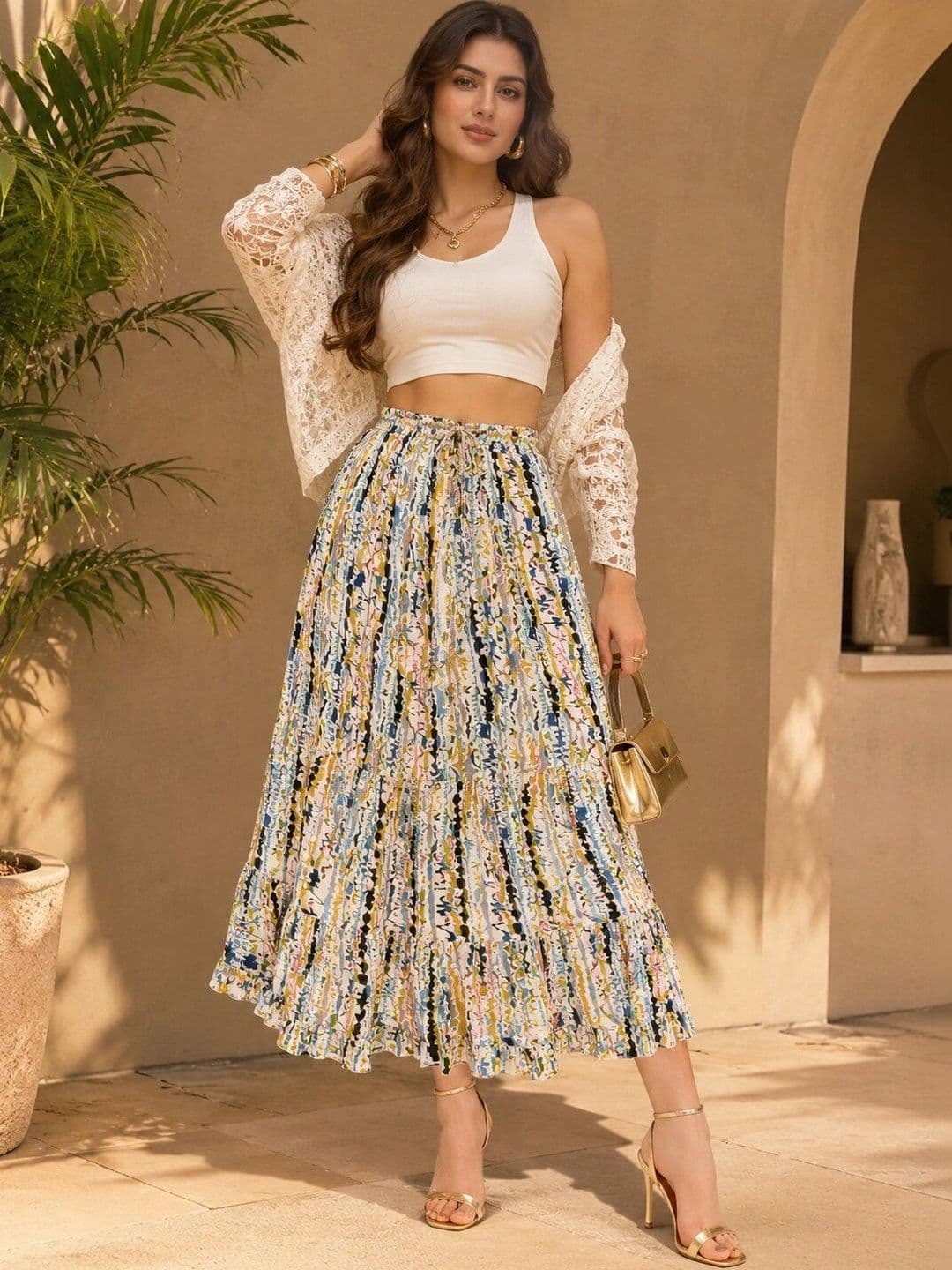 TNQ Women Crepe Abstract Midi A-Line Skirt thumbnail 2