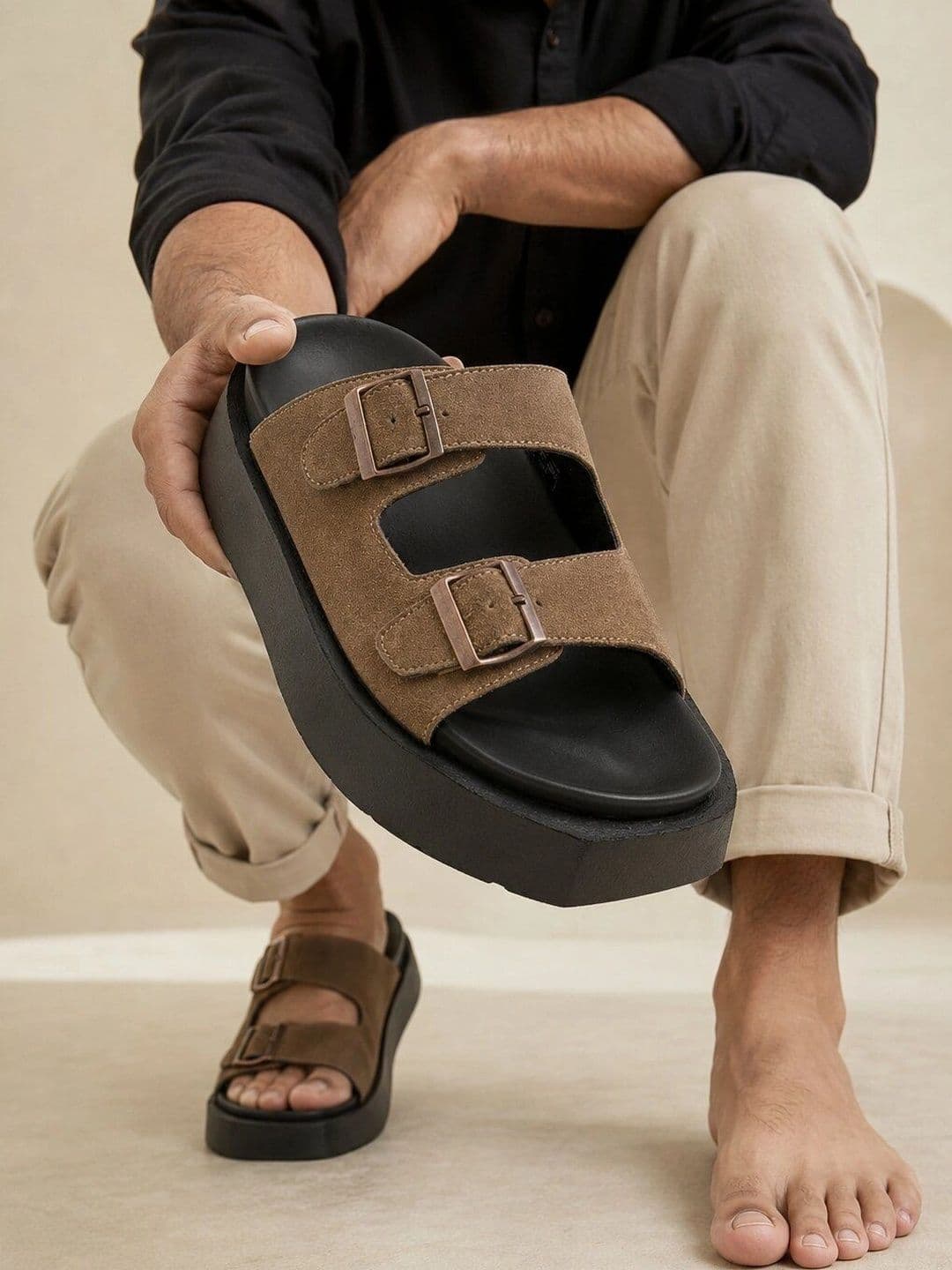 San Frissco Men Brown Suede Double Buckle Sandals with Cushioned Footbed & Chunky Sole - view 1