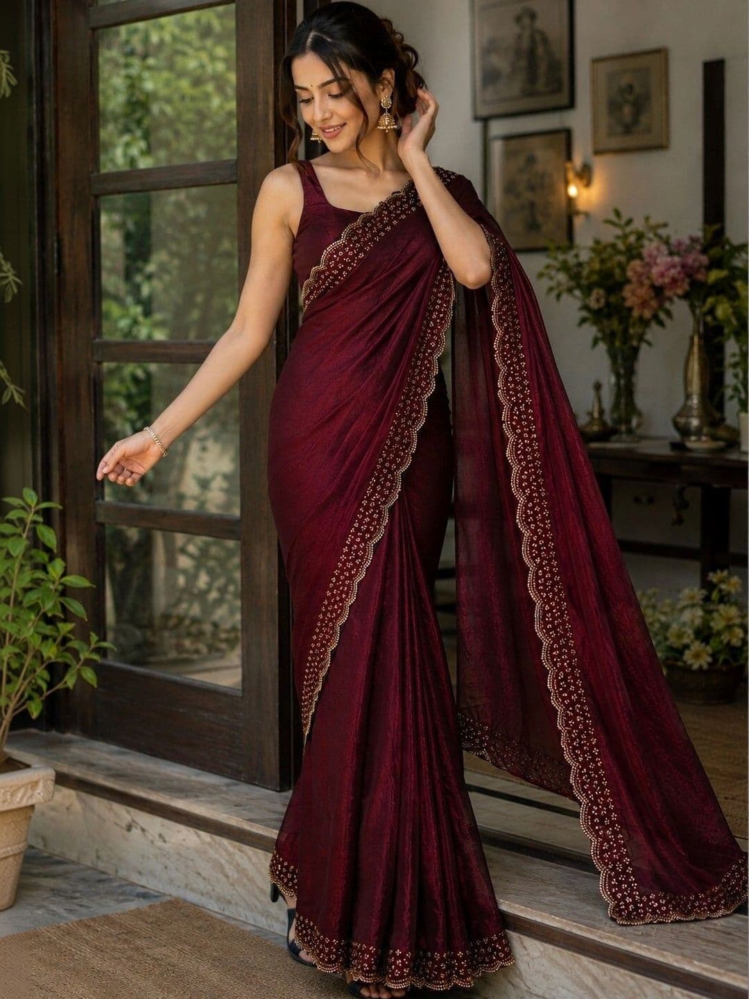 shreevali creation Embellished Embroidered Satin Saree thumbnail 6