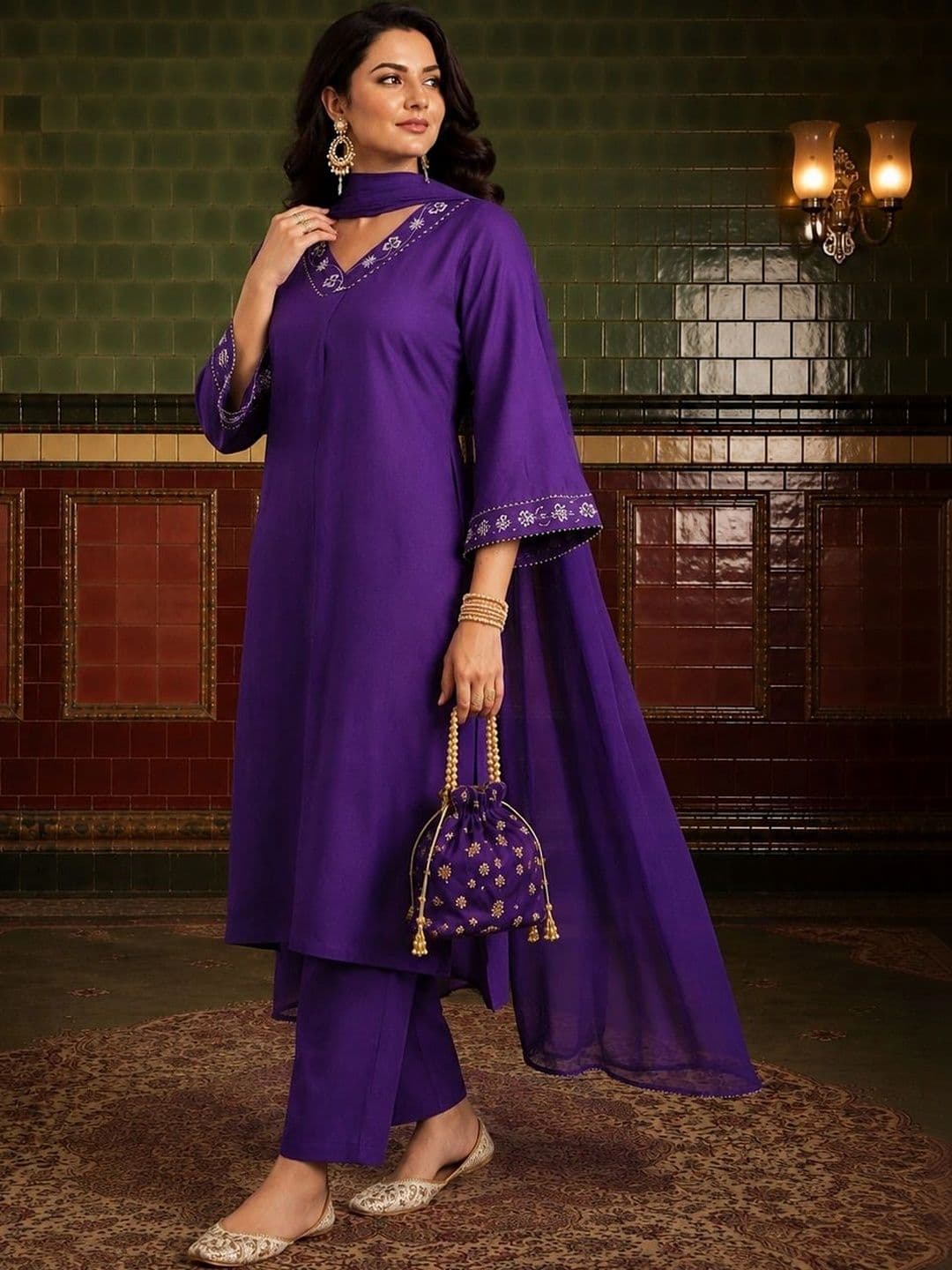 House of Pataudi Women Ethnic Motifs Embroidered Regular Thread Work Kurta with Trousers & With Dupatta thumbnail 4