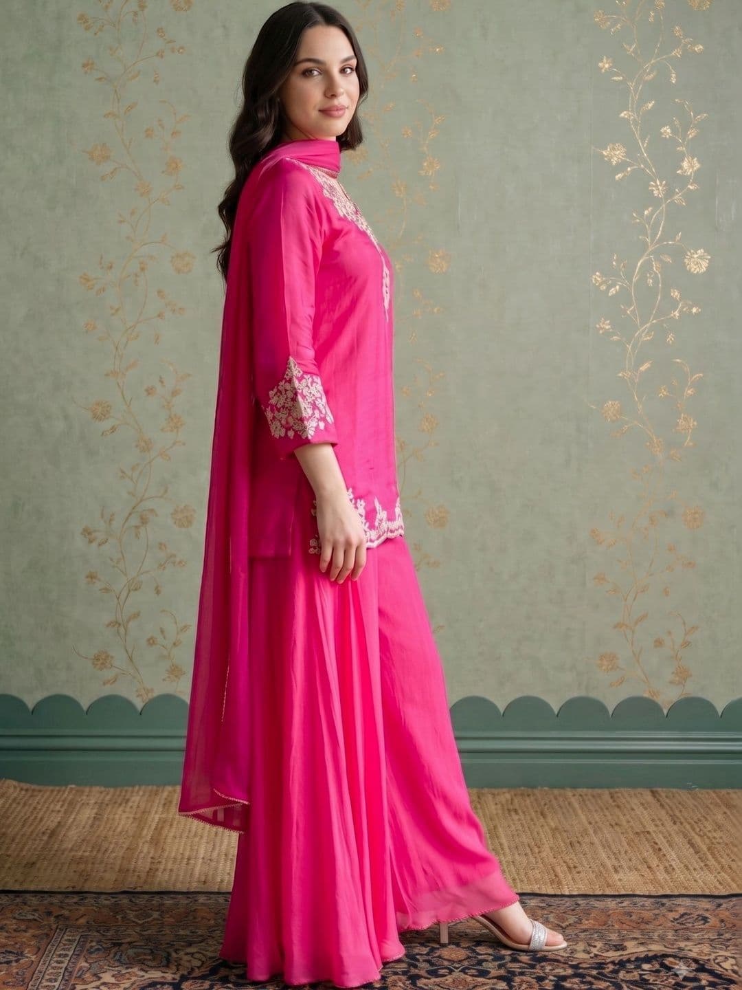 Sangria Women Ethnic Motifs Embroidered Regular Thread Work Kurta with Sharara & With Dupatta thumbnail 4