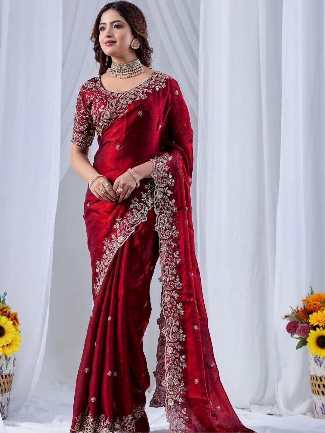 CLEMIRA Embellished Zari Satin Heavy Work Saree - view 1