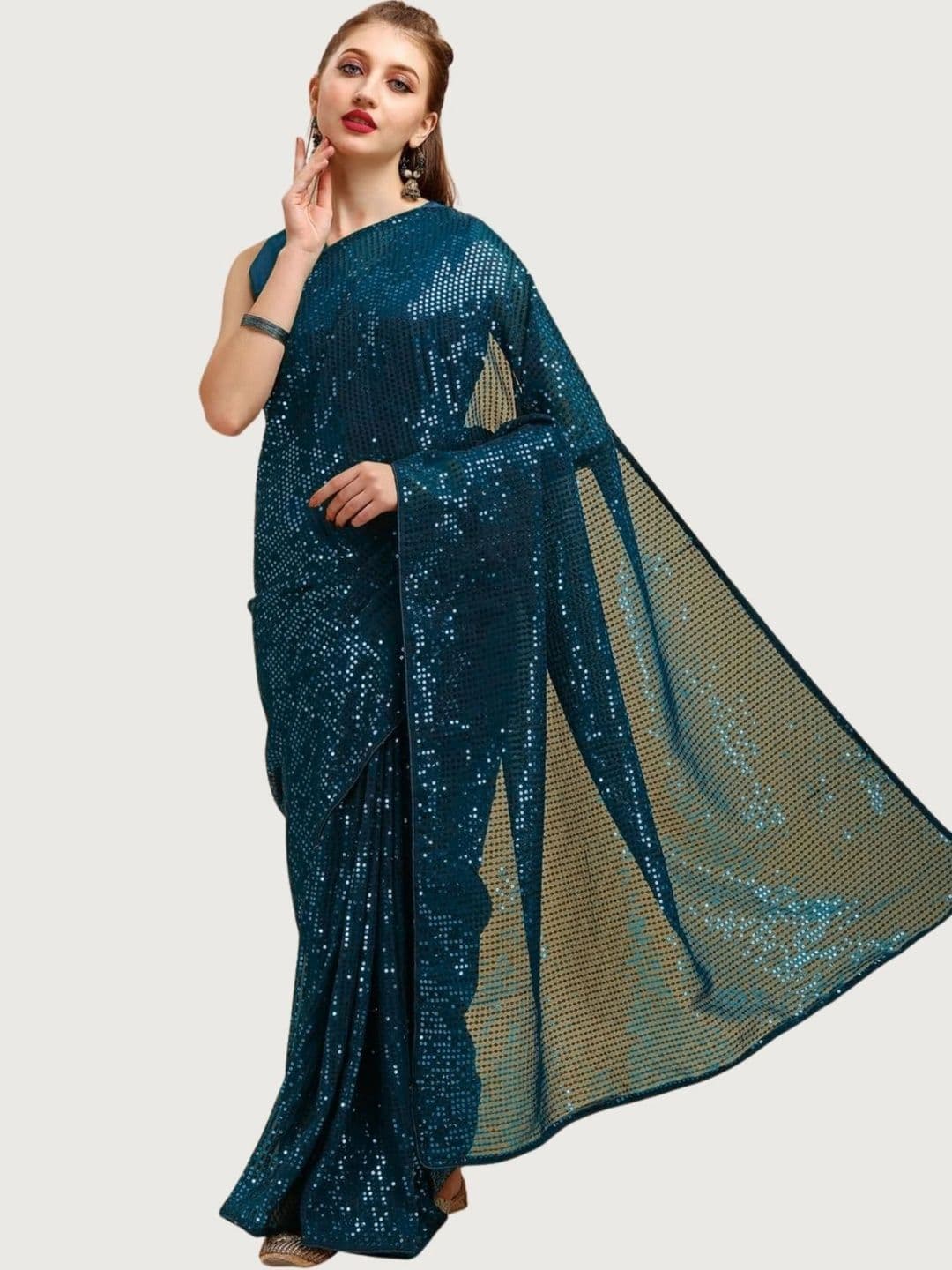 SZN Embellished Sequinned Pure Georgette Designer Saree thumbnail 6