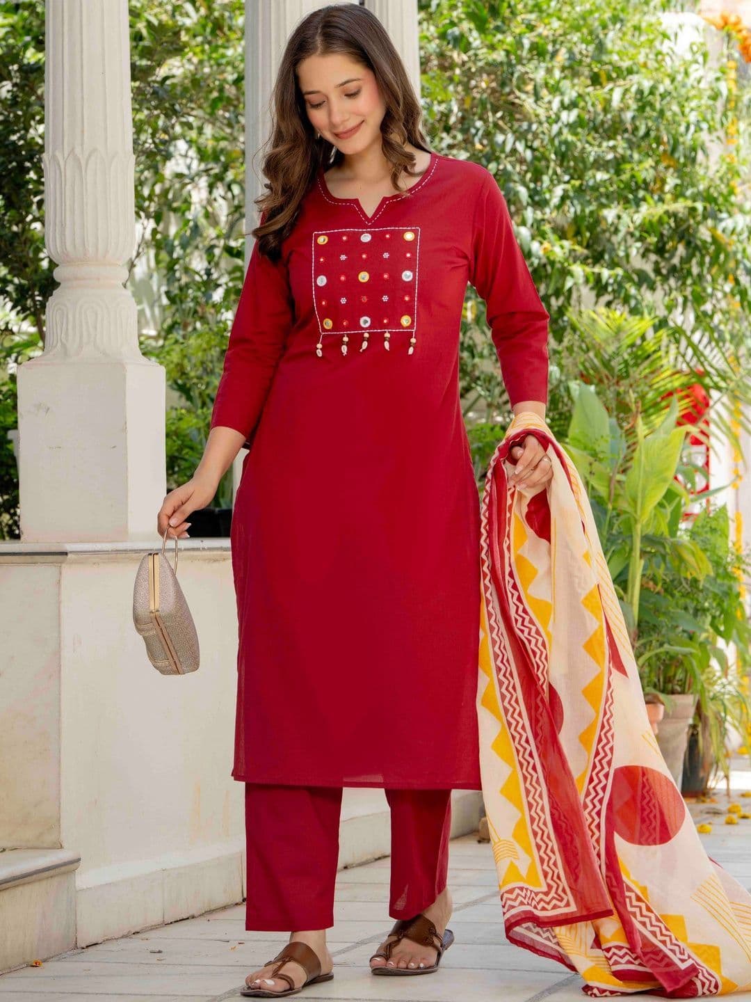 JAIPUR SARAI Yoke Design Mirror Work Pure Cotton Kurta with Trousers & Dupatta thumbnail 4
