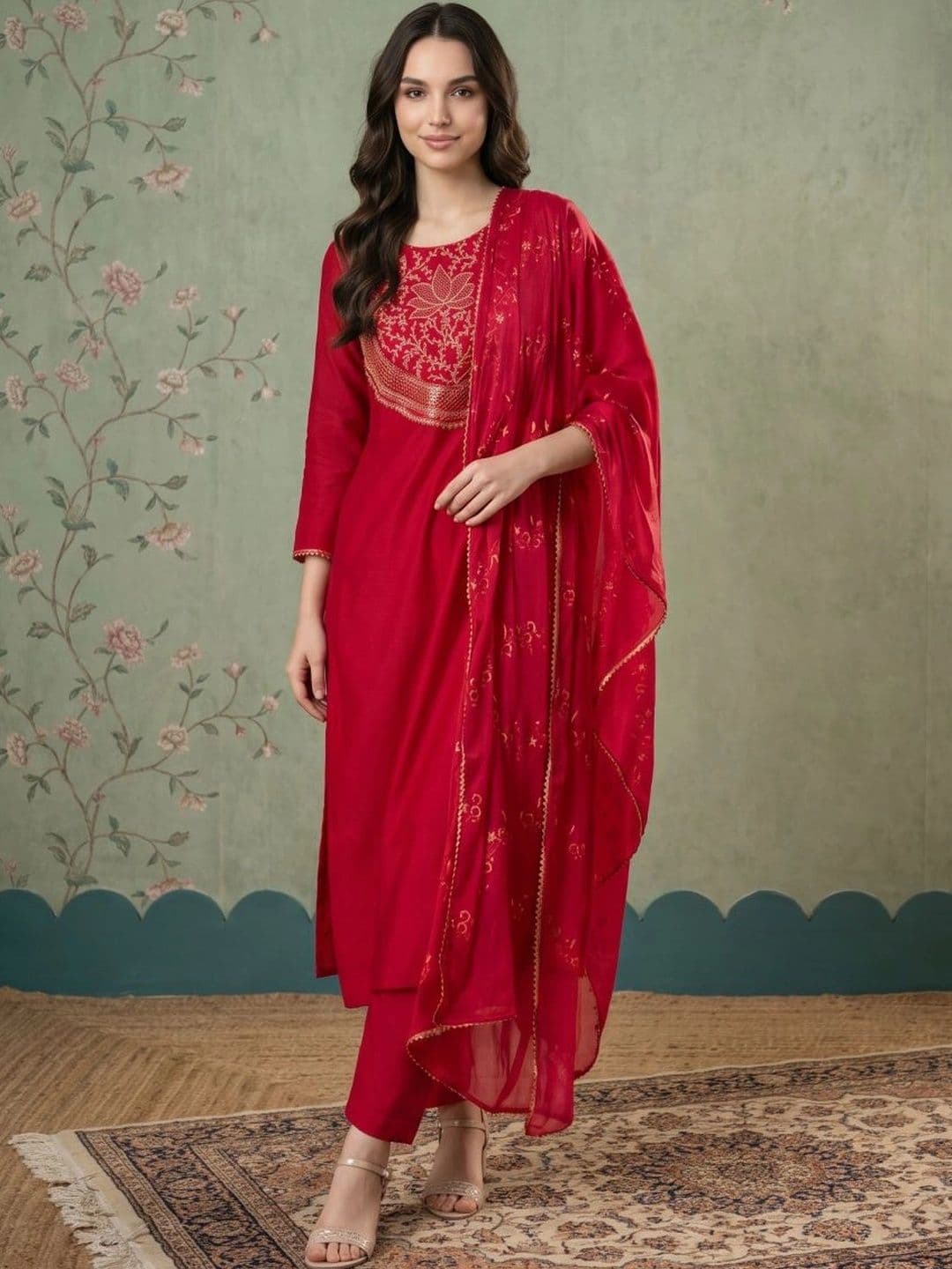 Sangria Women Ethnic Motifs Embroidered Regular Thread Work Kurta with Trousers & With Dupatta - view 1