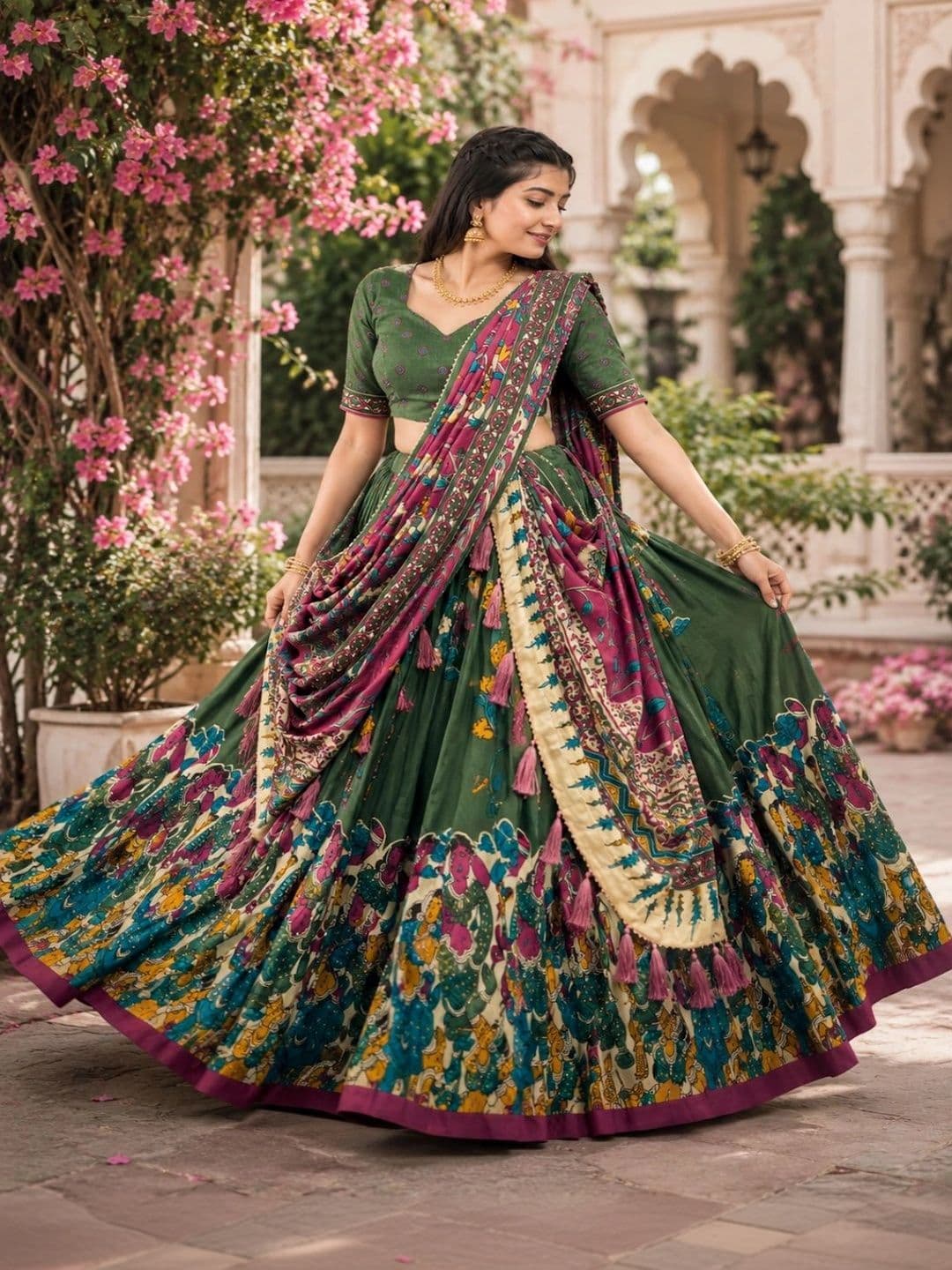 House of Pataudi Printed Kalamkari Semi-Stitched Lehenga & Unstitched Blouse With Dupatta thumbnail 5