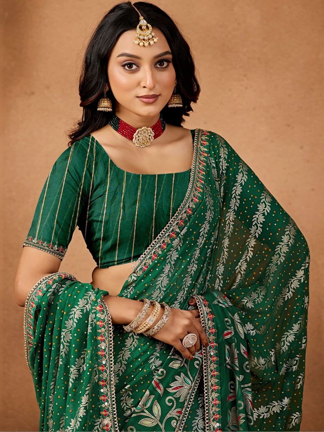 Nayanthara Trends Paisley Embroidered Poly Georgette Designer Bandhani Saree thumbnail 5