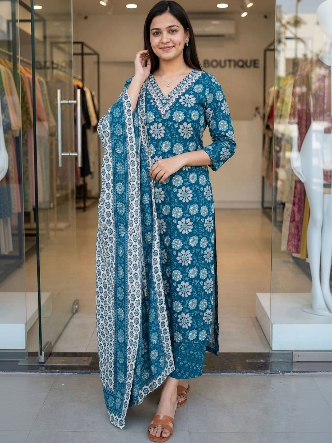 KALINI Women Floral Printed Regular Kurta with Trousers & With Dupatta thumbnail 3