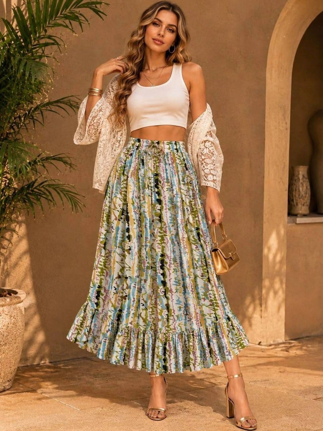 TNQ Women Crepe Abstract Maxi Flared Skirt - view 1