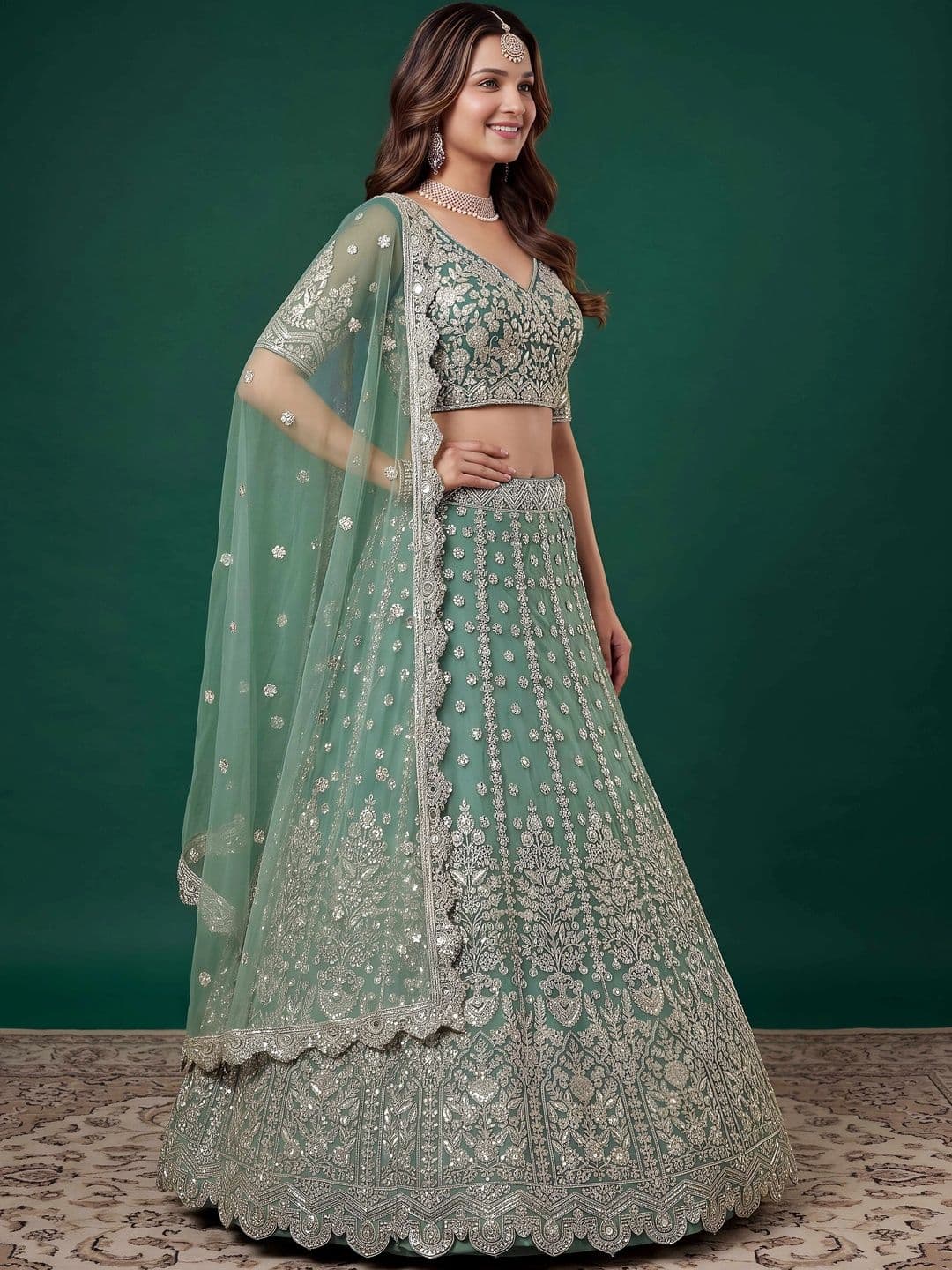ETHNIC PLUS Embroidered Sequinned Semi-Stitched Lehenga & Unstitched Blouse With Dupatta thumbnail 3