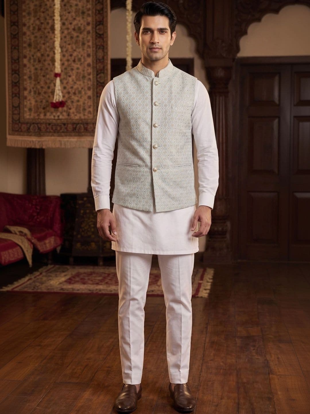CHIRASVI Embroidered Mandarin Collar Nehru Jacket thumbnail 3