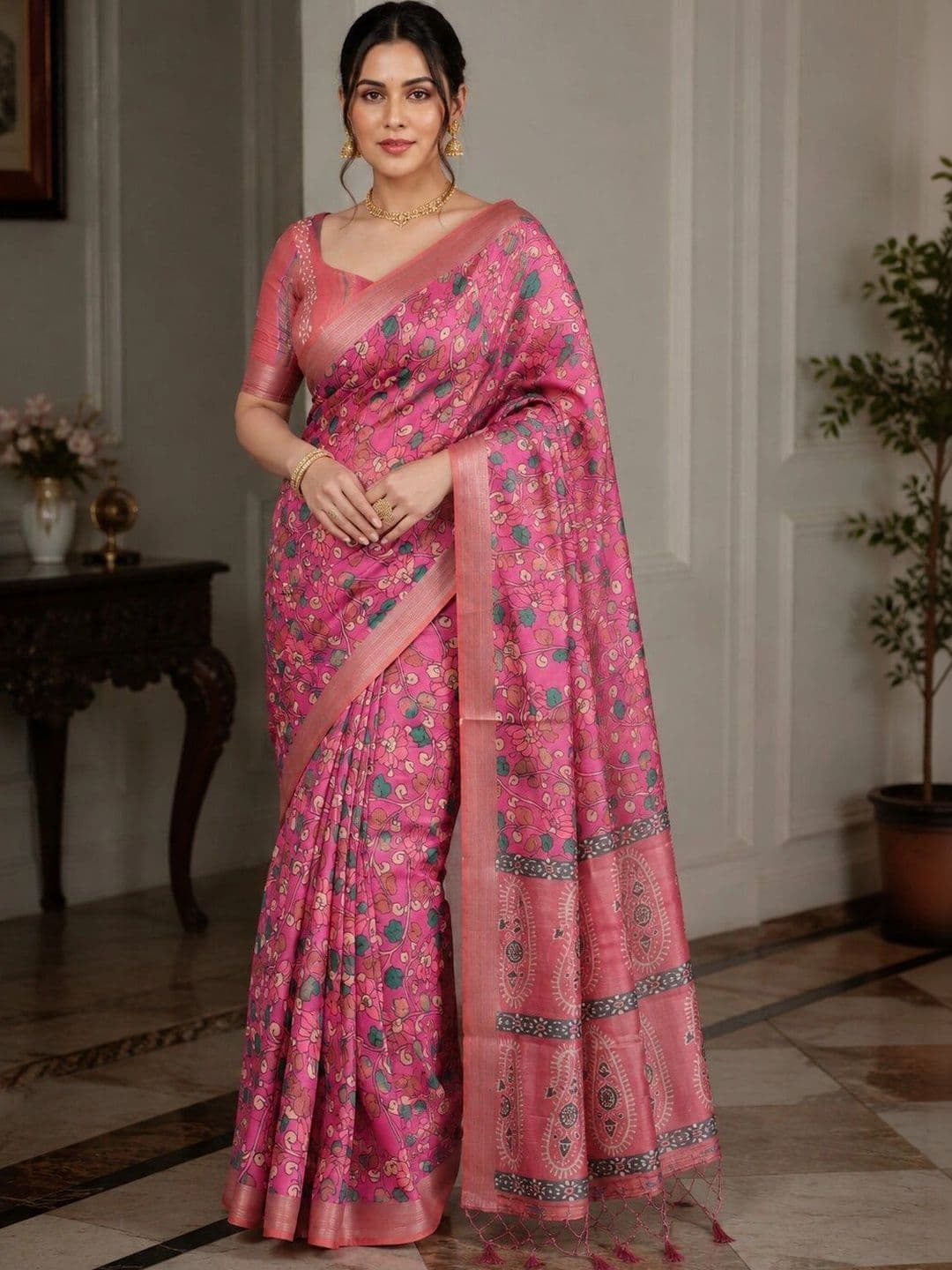 HERE&NOW Floral Linen Blend Bhagalpuri Saree - view 1