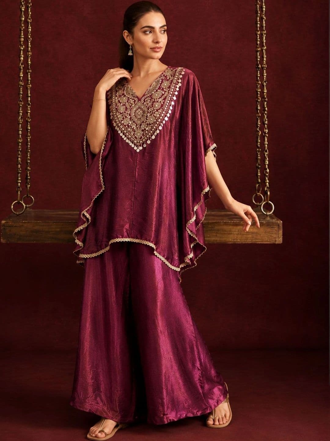 Colors  of Earth Colors of Earth Women Ethnic Motifs Embroidered Regular Mirror Work Pure Silk Kurti with Palazzos thumbnail 3