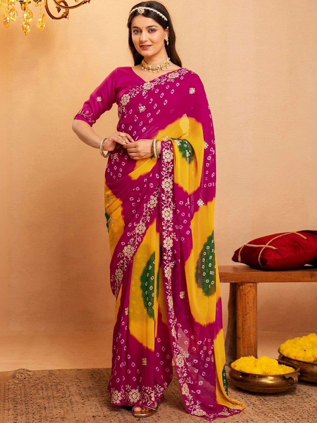 KALINI Bandhani Embroidered Pure Georgette Fusion Bandhani Saree - view 1