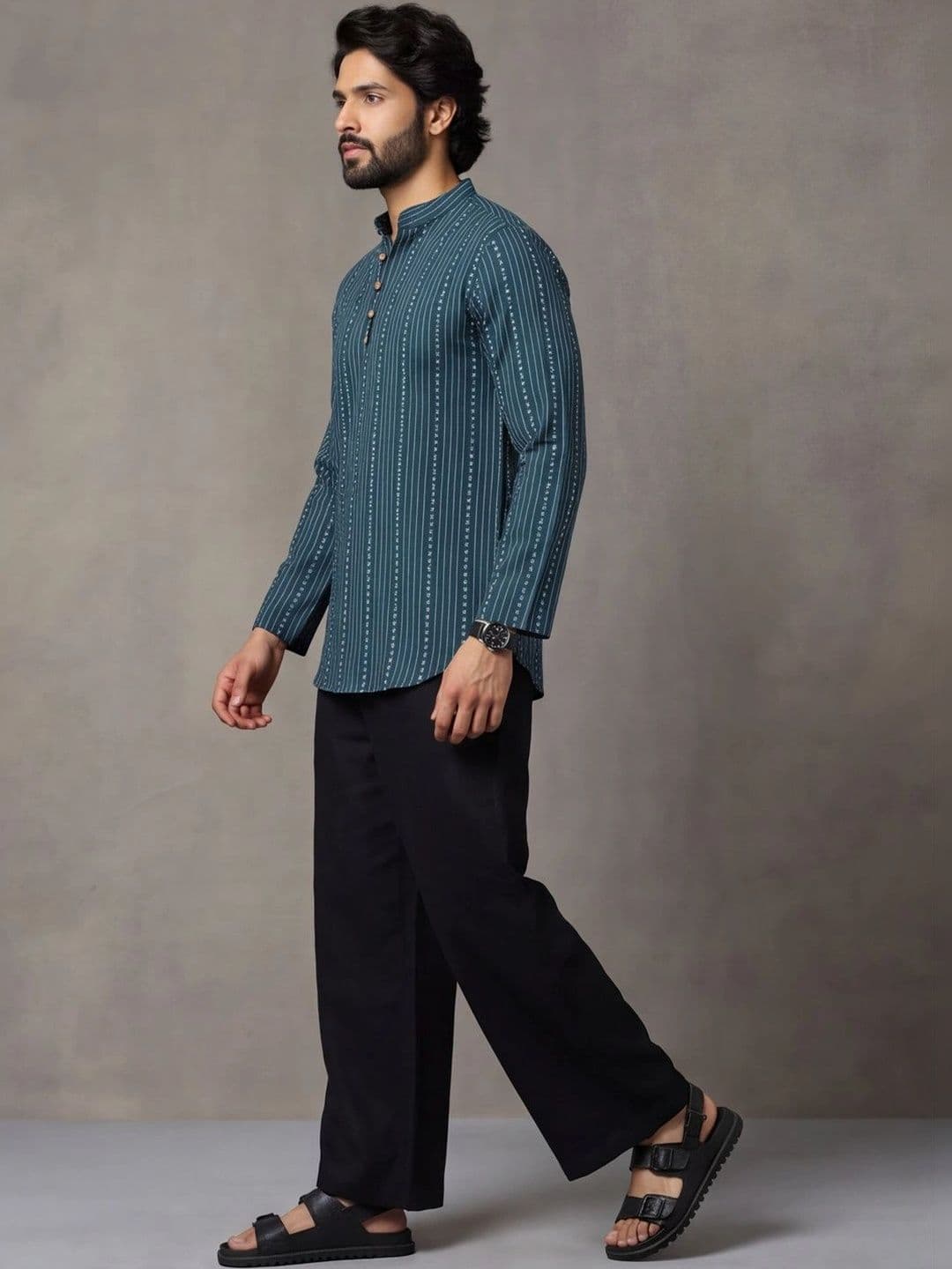 Navibhu Woven Design Striped Cotton Handloom Mandarin Collar Short Kurta thumbnail 6