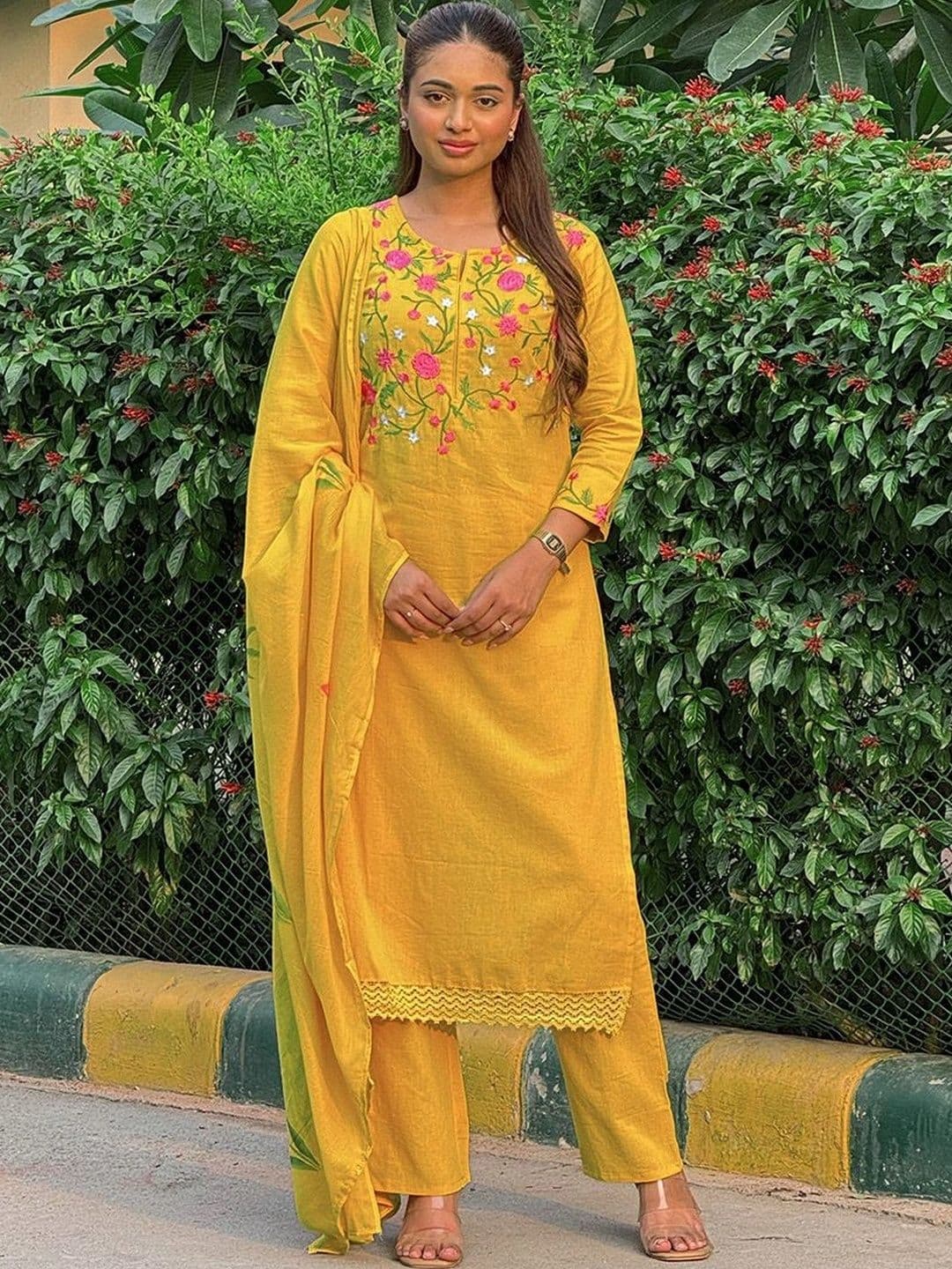 Libas Women Solid Embroidered Kurta with Trousers & Dupatta - view 1